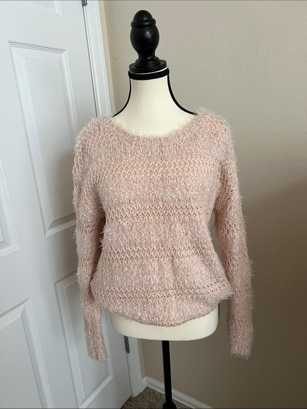 Cozy Scoop Neck Fuzzy Sweater in Blush Pink
